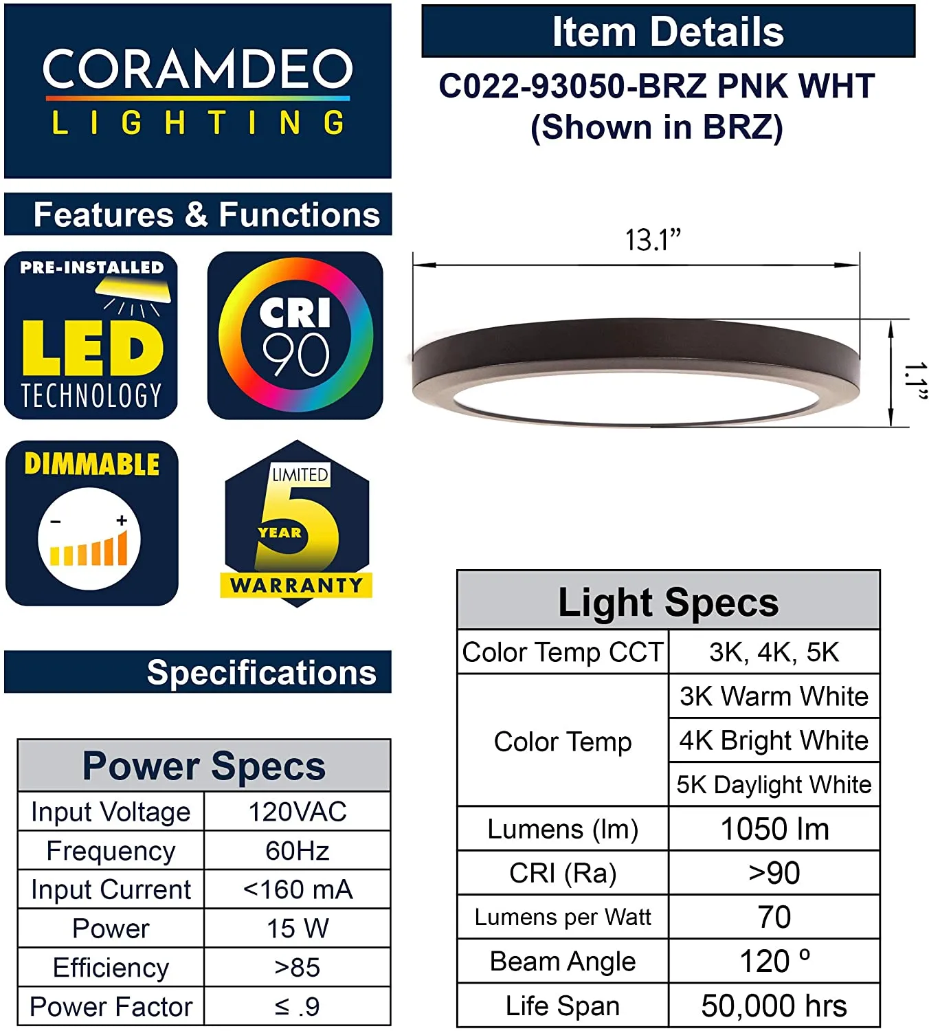 13 Inch Integrated LED Low Profile Flush Mount Ceiling Fixture, Dimmable, 1050 Lumen, 3K/4K/5K Switch, 90  CRI,  in 3 Finishes