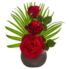 14” Elegant Rose Artificial Arrangement in Stone Brown Vase