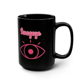 15oz Black Mug Swageye Coffee Cup with Hot Pink Logo