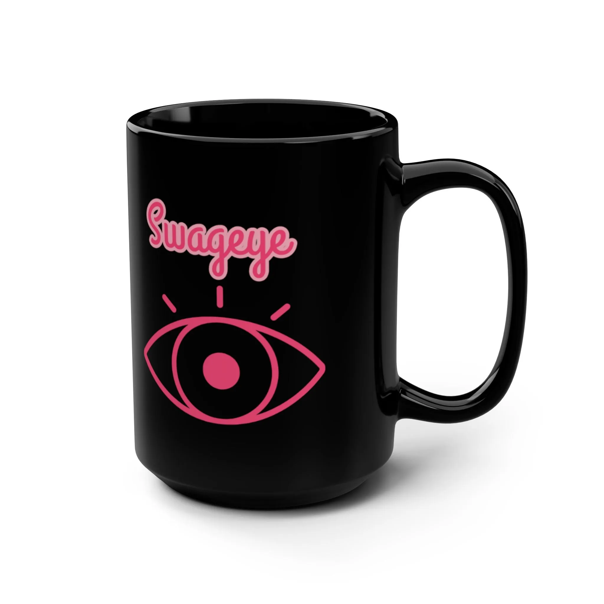 15oz Black Mug Swageye Coffee Cup with Hot Pink Logo