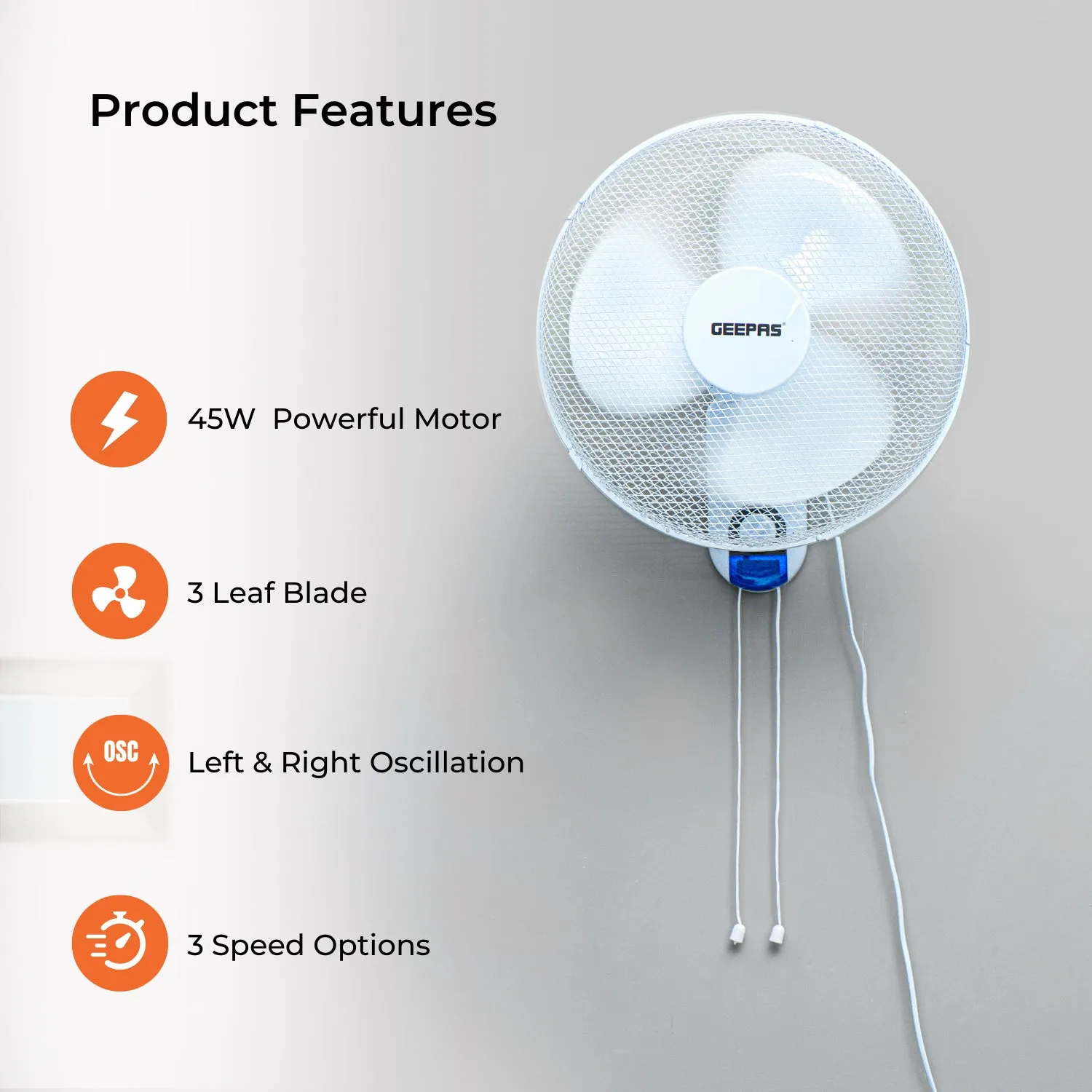 16-Inch White Oscillating Wall Mounted Fan 45W