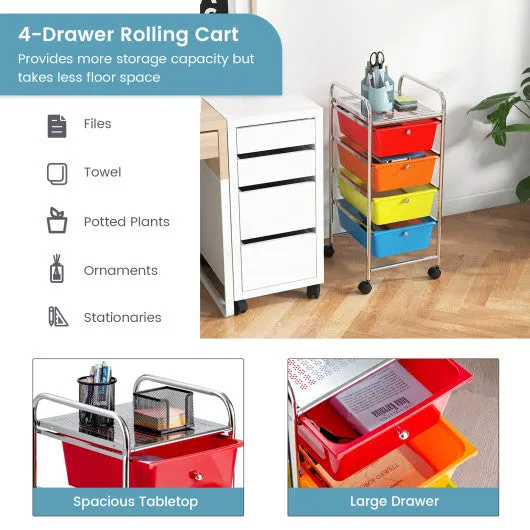 4-Drawer Cart Storage Bin Organizer Rolling with Plastic Drawers-Multicolor