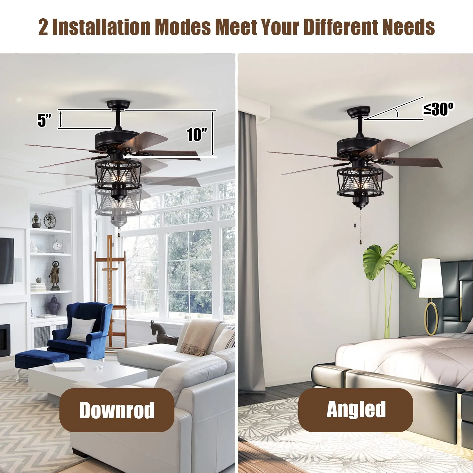 50-Inch Ceiling Fan with Lights, 3-Speed Adjustable (Coffee)