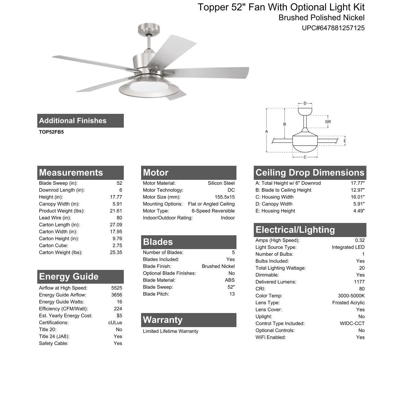 52" Topper in Brushed Polished Nickel w/ Brushed Nickel Blades