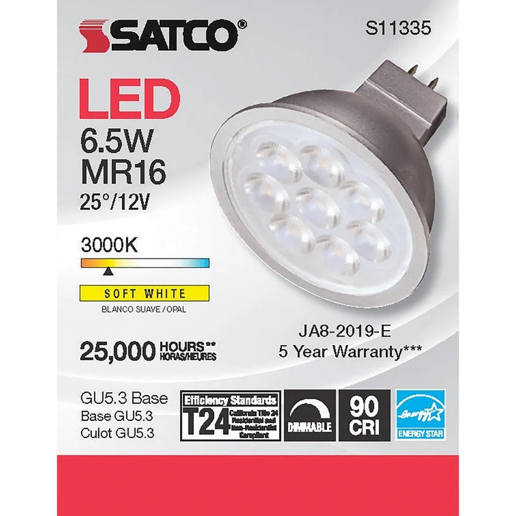 6.5W - MR16 LED - 3000K - GU5.3 base - 25 deg. Beam Angle - 12V