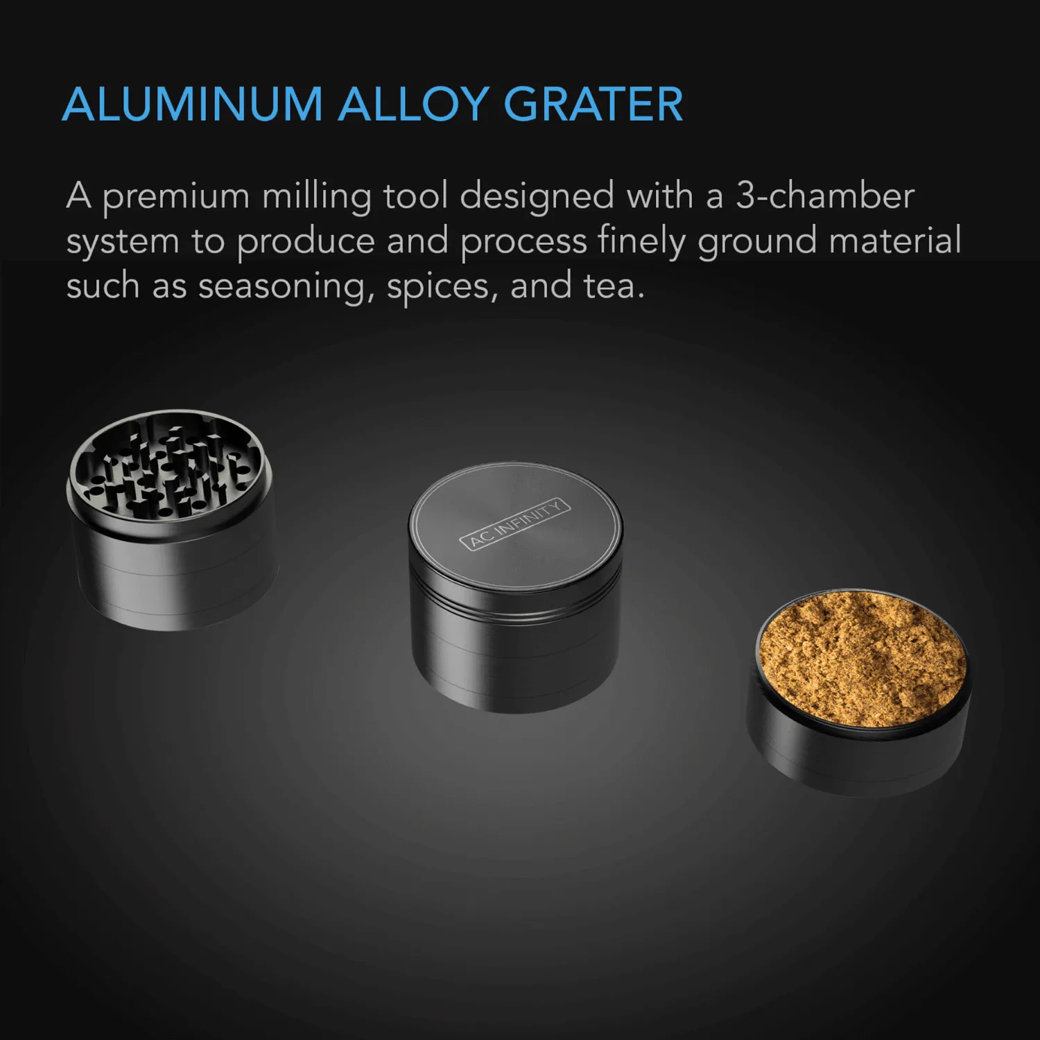 AC Infinity 3-Chamber Spice Grinder, Black, 2-Inch