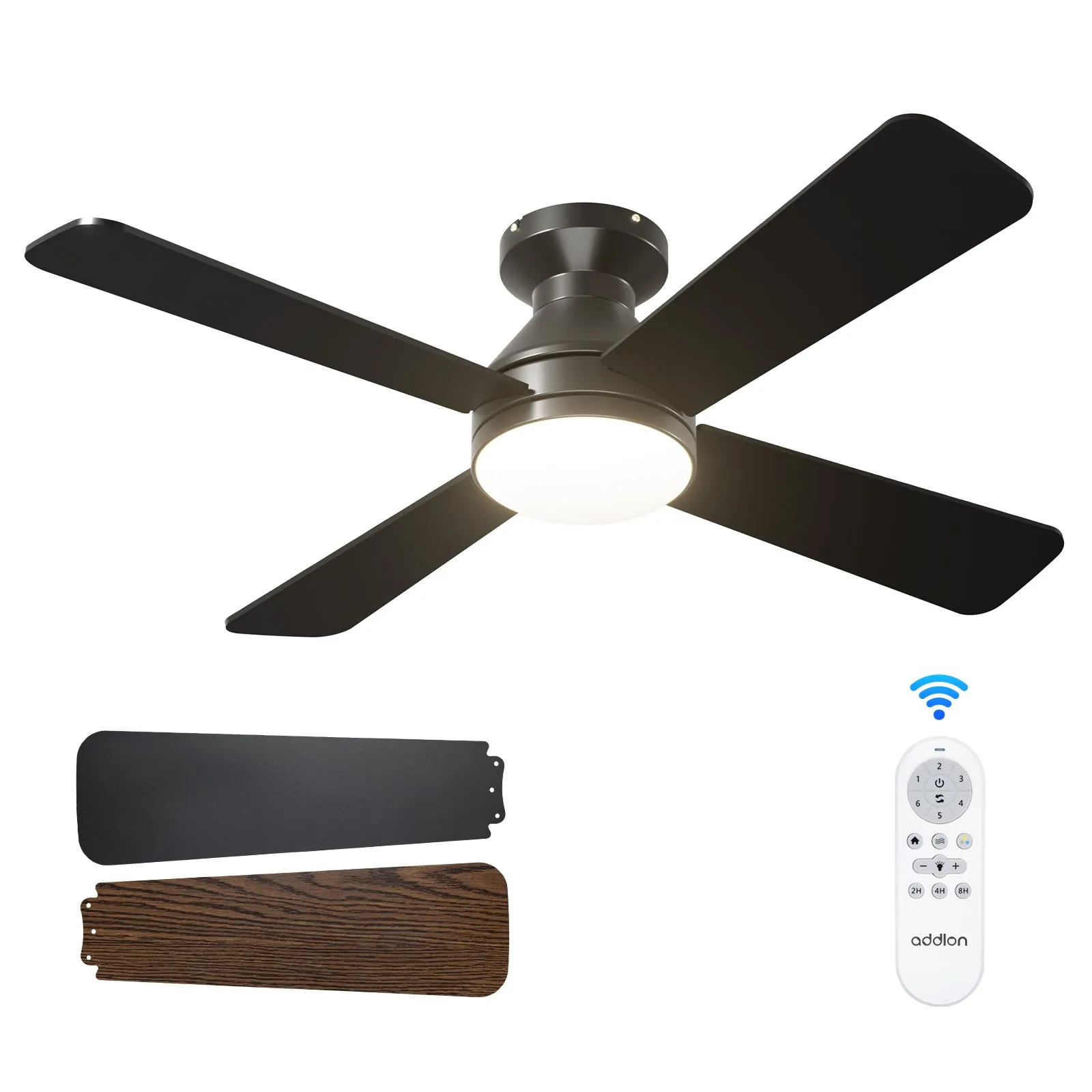 Addlon Ceiling Fans with Lights, 42 Inch Low Profile Ceiling Fan with Light And Remote Control, Flush Mount, Reversible, 3CCT Dimmable 4 Blades White/Nickel/Black Small Ceiling Fan for Bedroom Indoor/Outdoor Use