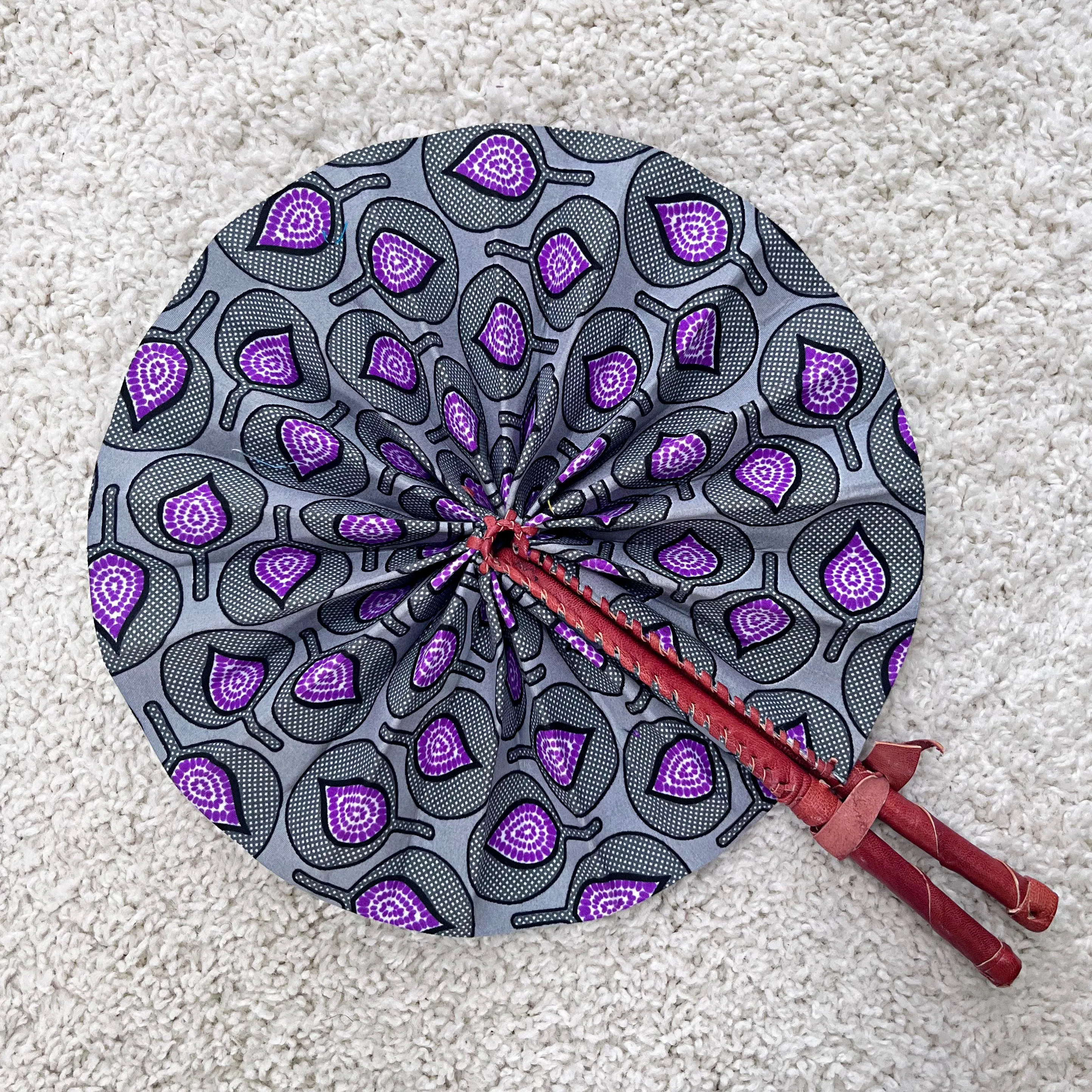 African Print Circle Foldable Handheld Fan - Purple / Gray