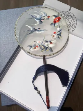 Ancient Chinese Landscape Painting - Spring Comes and Yan Returns Round Shaped Single Side Embroidered Beautiful Fan Chinese Gift