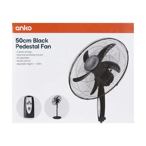 Anko 50cm Black Pedestal Fan - Remote Control with 3 Speed Settings