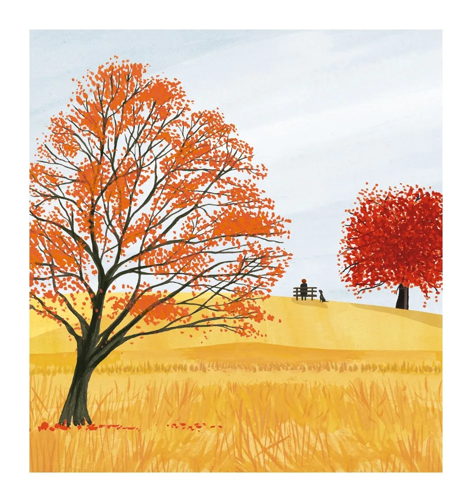 Autumn dog and bench blank card