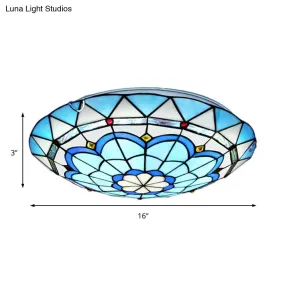 Baroque Bowl Flush Mount Stained Glass Ceiling Light in Blue/Blue-Brown - 12"/16"/19.5" Wide