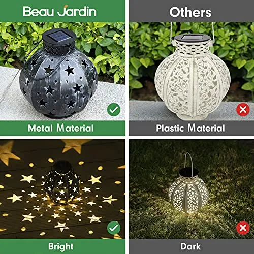 BEAU JARDIN 4 Pack Outdoor Solar Lantern Lights Metal Warm White Waterproof Landscape Lighting for Table Yard Patio Black BG422