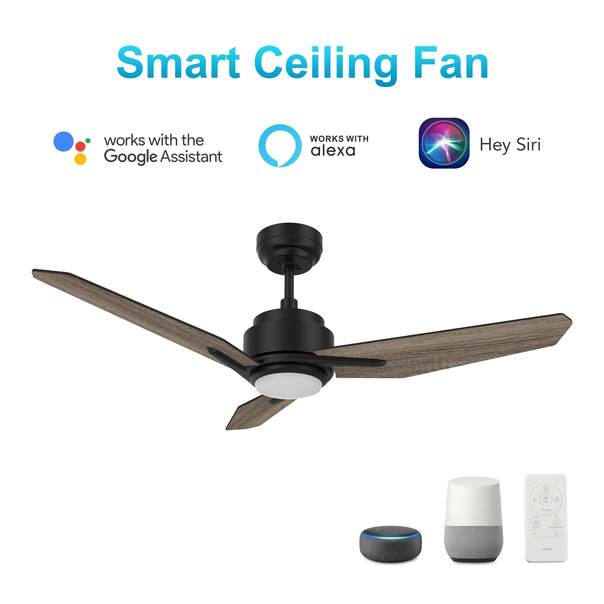 CALEN 52 inch 3-Blade Smart Ceiling Fan with LED Light Kit & Remote Control- Black/Barnwood