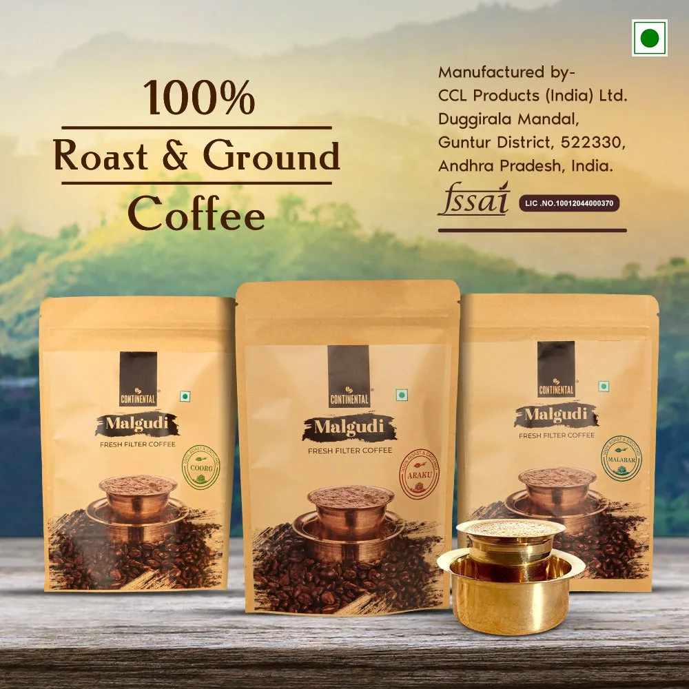 Continental Malgudi | Malabar   Araku   Coorg - Each 200g| Roast & Ground Coffee Powder | Filter Coffee | 100% Coffee