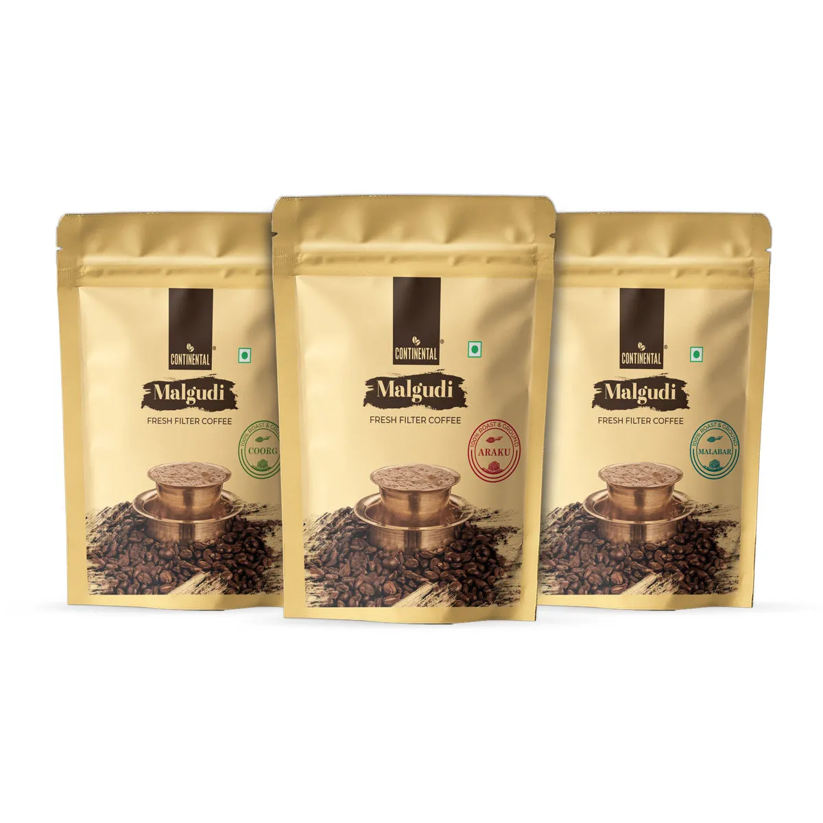 Continental Malgudi | Malabar   Araku   Coorg - Each 200g| Roast & Ground Coffee Powder | Filter Coffee | 100% Coffee