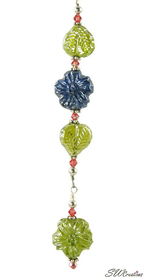 Coral Blue Olive Green Floral Beaded Fan Pull