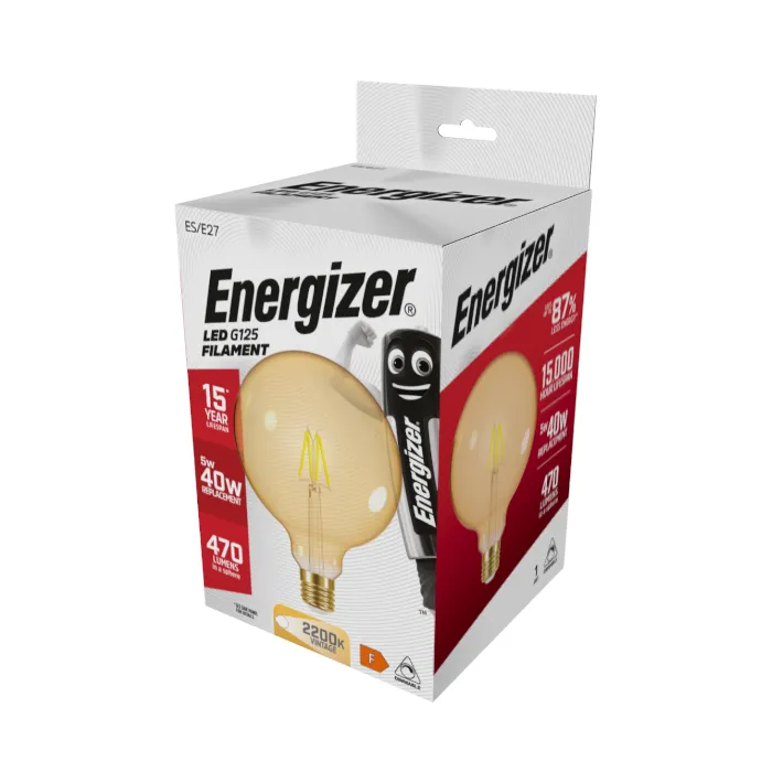 Energizer 5W E27 Globe Filament - Dimmable - 470lm - 2200K