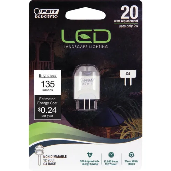 Feit Electric LVG4/LED LED Bulb, Specialty, T5 Lamp, 20 W Equivalent, G4 Lamp Base, Warm White Light, 3000 K Color Temp