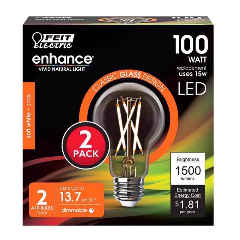 Feit Enhance A19 E26 (Medium) Filament LED Bulb Soft White 100 Watt Equivalence 2 pk