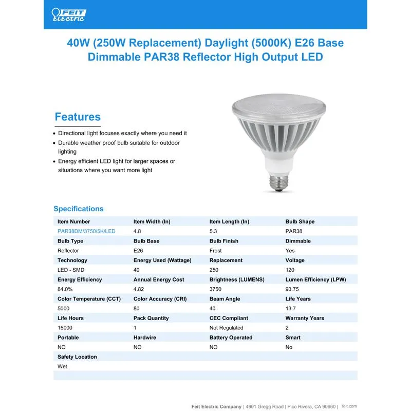 Feit LED PAR38 E26 (Medium) LED Bulb Daylight 250 Watt Equivalence 1 pk