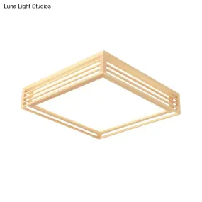 Japanese LED Flush Mount Ceiling Light for Bedroom - Wood Square Flush Mount Fixture