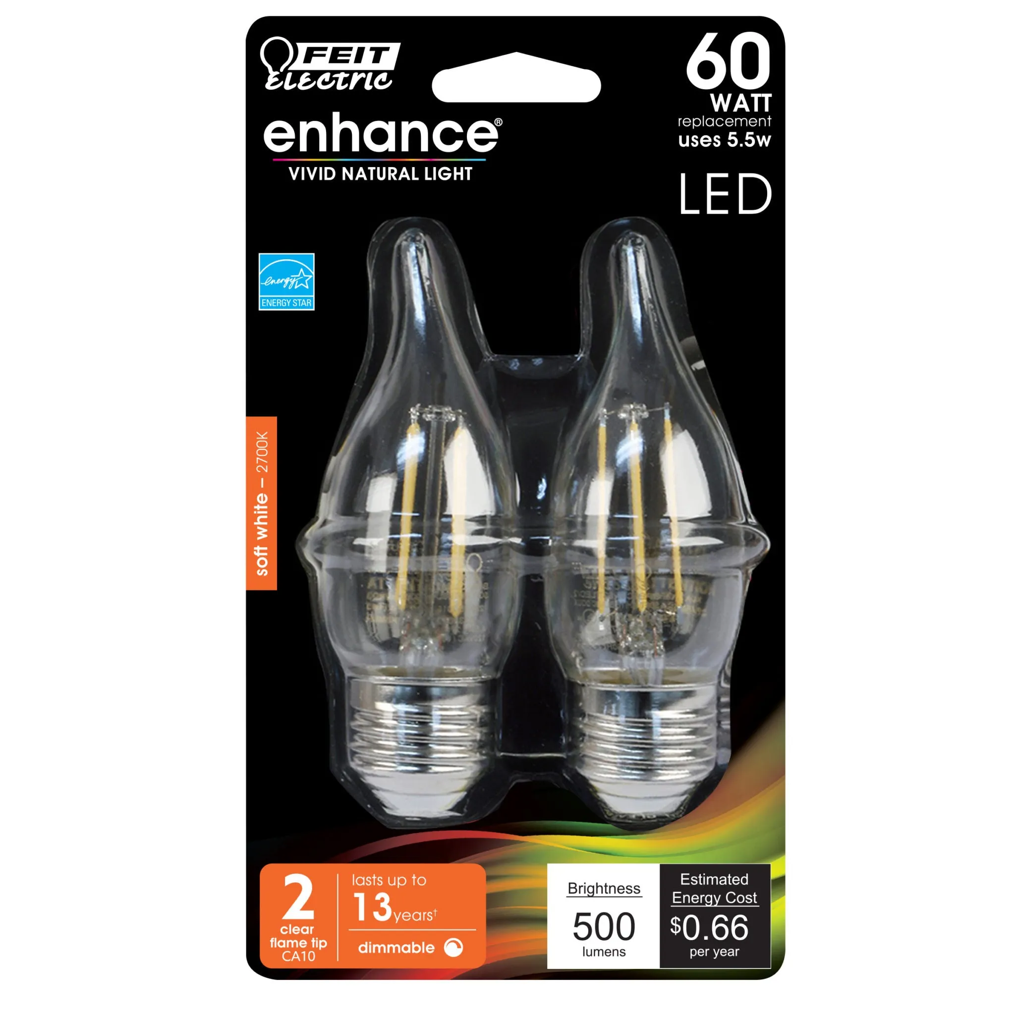 LED Light Bulbs, Candelabra Base, E26, Deco Chandelier, Filament, Clear, Decorative Bulb, Torpedo Tip, Flame, 2 Packs