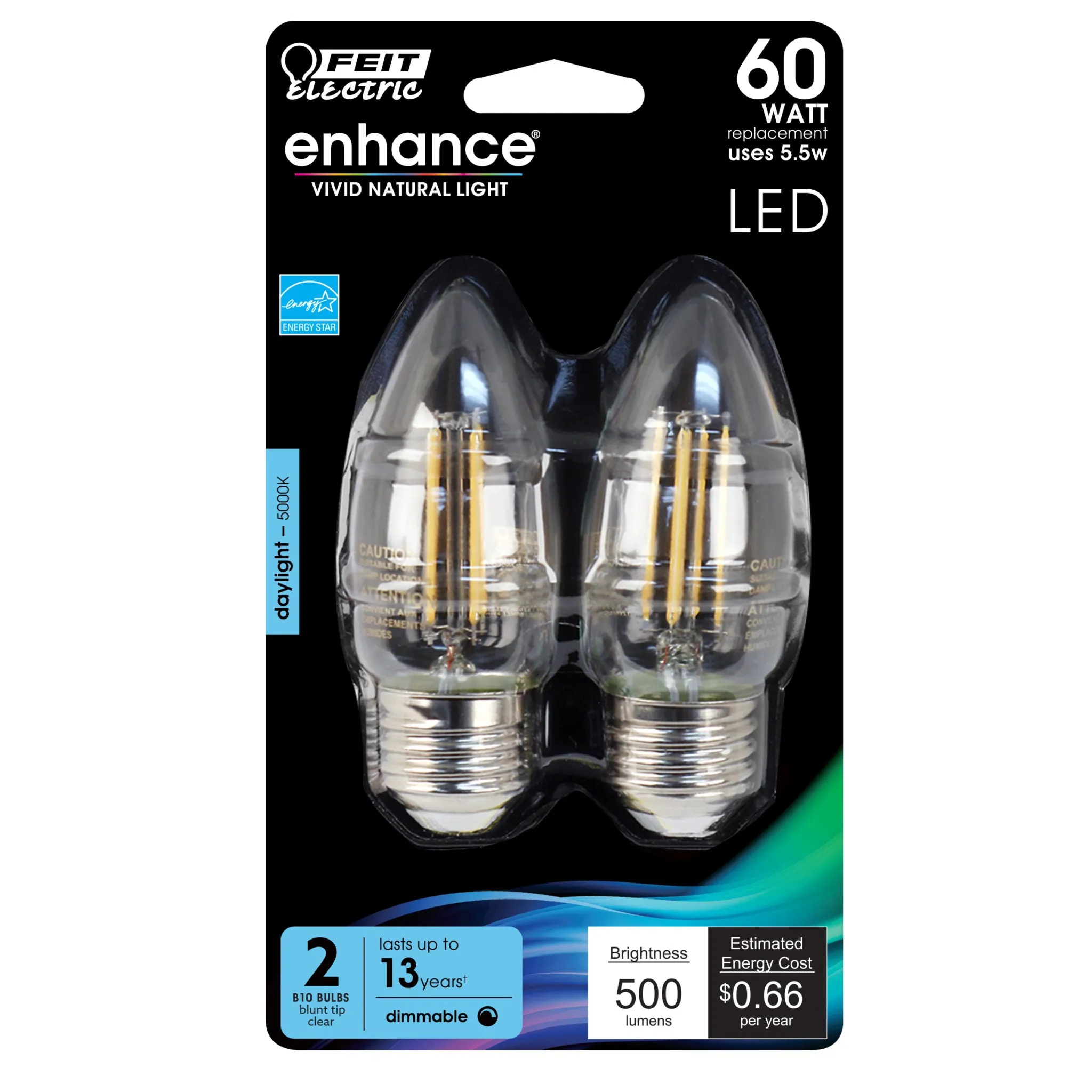 LED Light Bulbs, Candelabra Base, E26, Deco Chandelier, Filament, Clear, Decorative Bulb, Torpedo Tip, Flame, 2 Packs