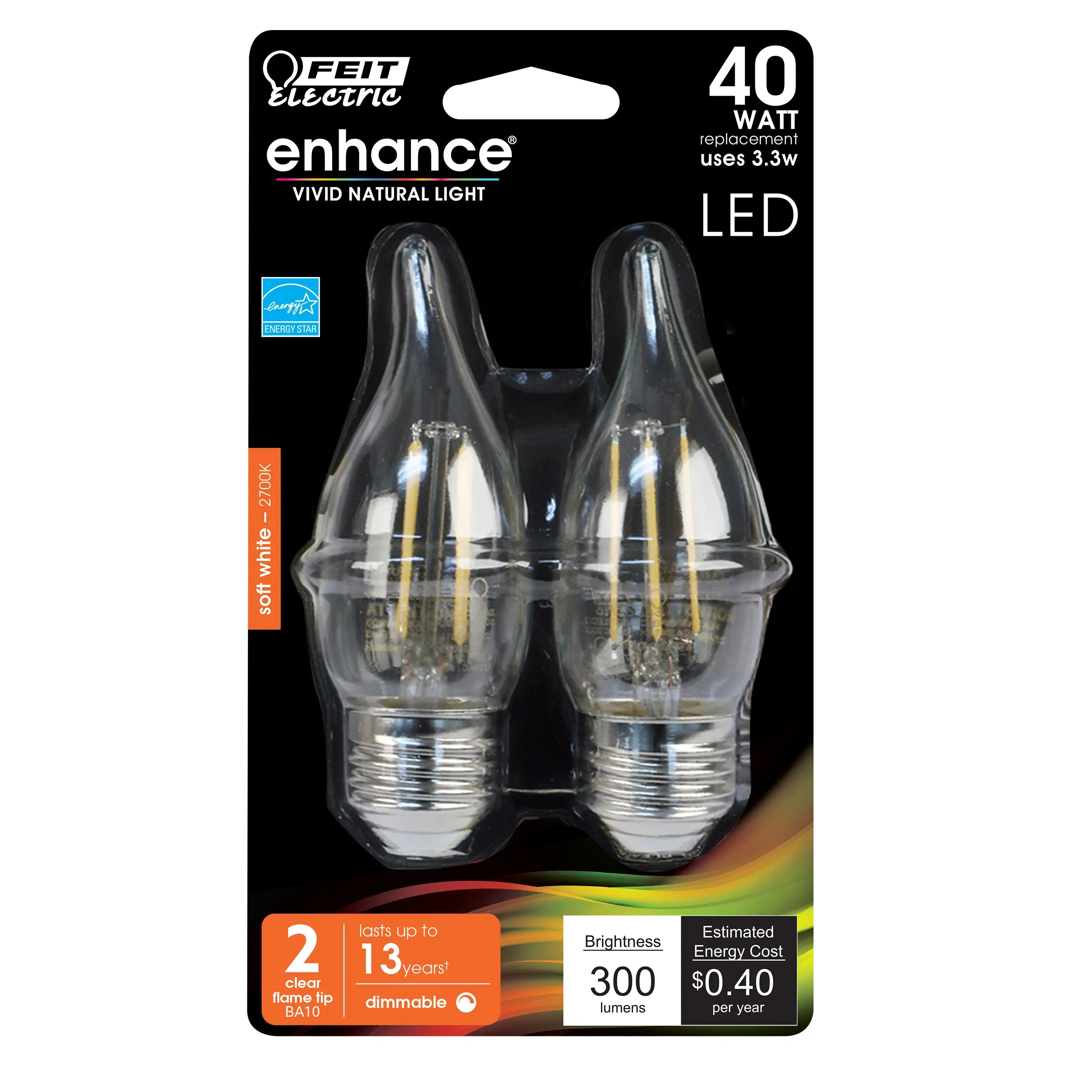 LED Light Bulbs, Candelabra Base, E26, Deco Chandelier, Filament, Clear, Decorative Bulb, Torpedo Tip, Flame, 2 Packs