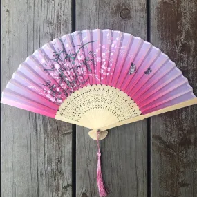 Luxury Bamboo Silk Fans butterflies and blossoms with tassels