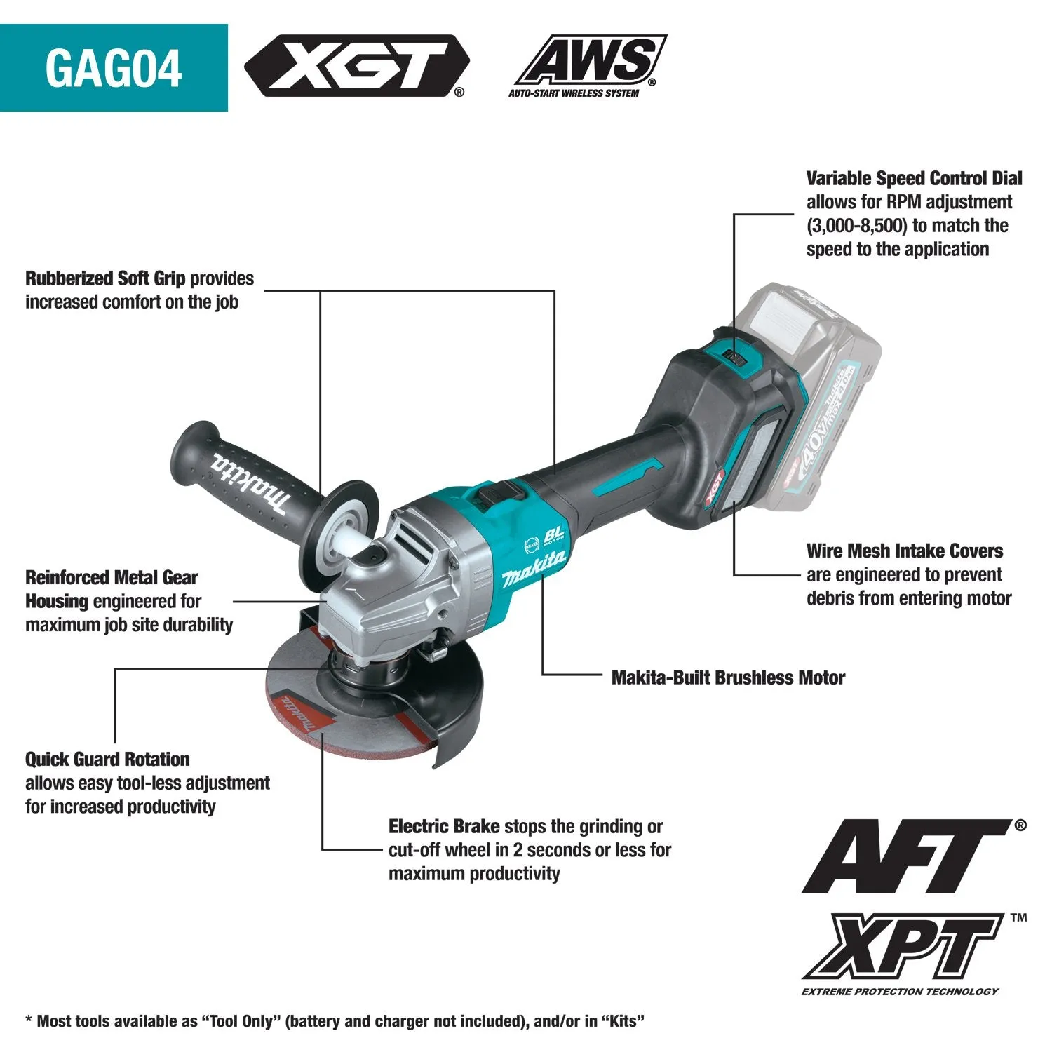 Makita (GAG04M1) 40V max XGT® Brushless 4‑1/2” / 5" Angle Grinder Kit, w/Electric Brake, AWS® Capable (4.0Ah)