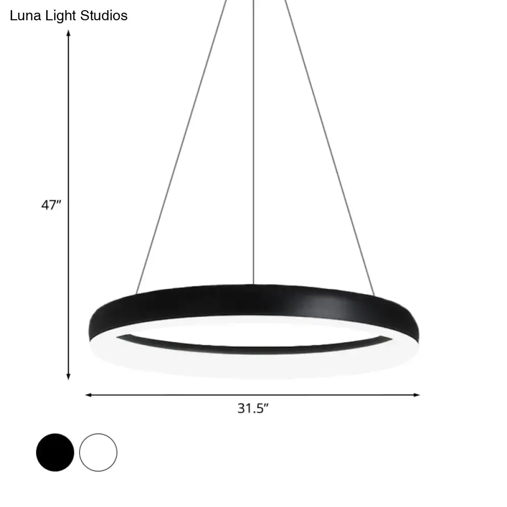 Minimalist Metal LED Ring Hanging Chandelier - White/Black Finish, White/Warm Light, 16"/23.5"/31.5" Dia