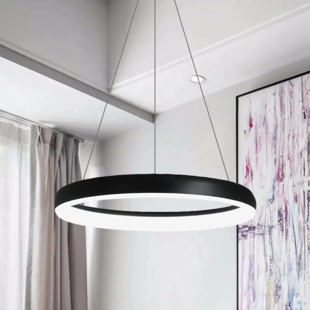 Minimalist Metal LED Ring Hanging Chandelier - White/Black Finish, White/Warm Light, 16"/23.5"/31.5" Dia