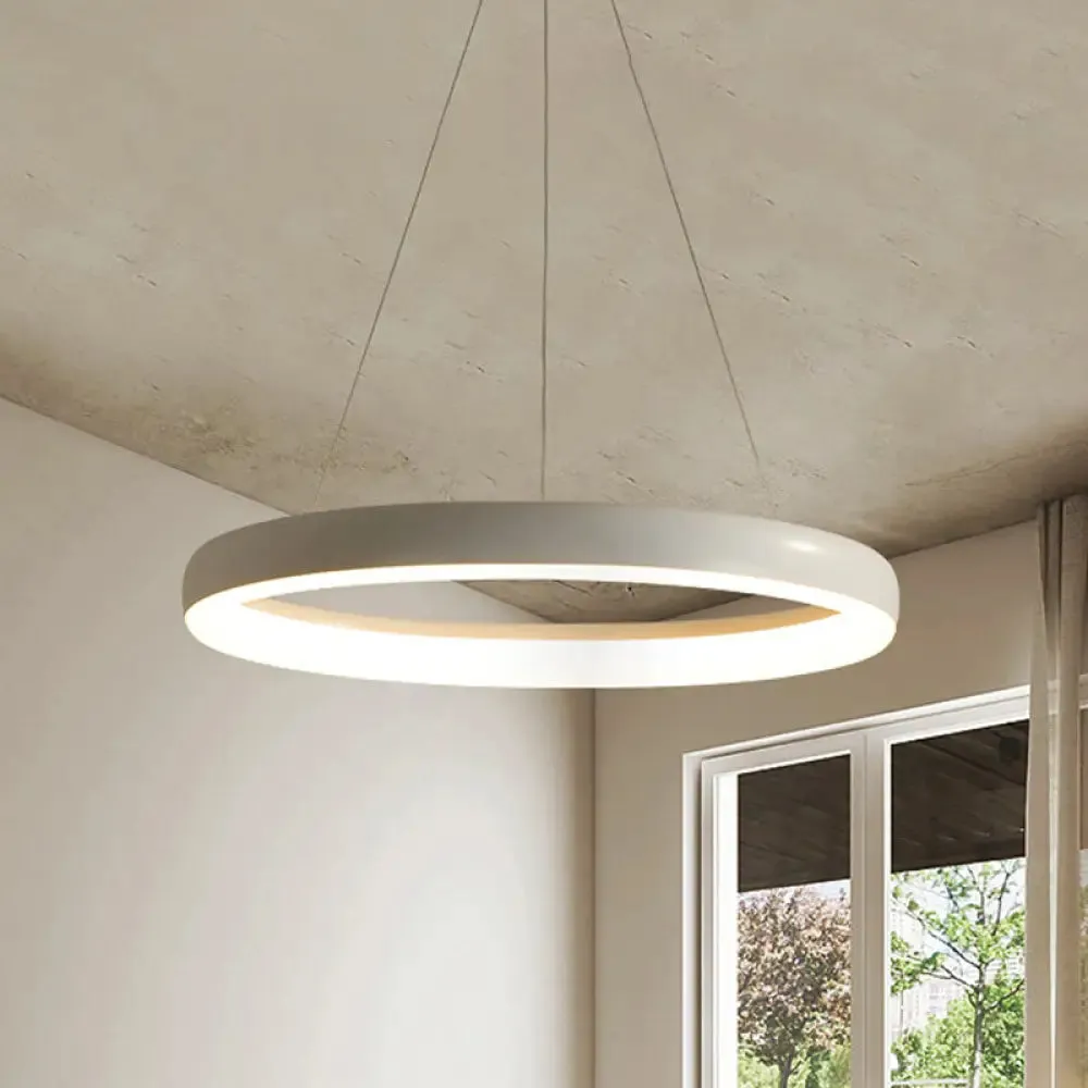 Minimalist Metal LED Ring Hanging Chandelier - White/Black Finish, White/Warm Light, 16"/23.5"/31.5" Dia