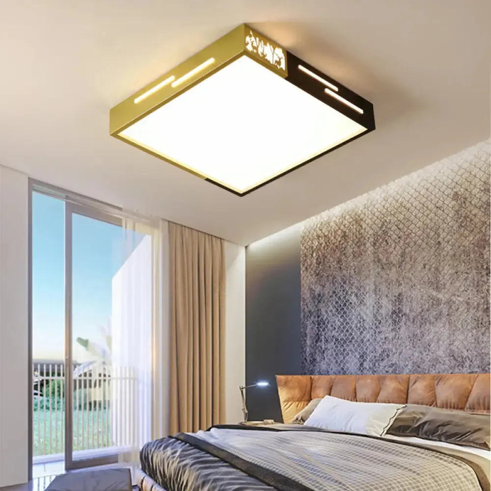 Modern Metal Square Flush LED Ceiling Lamp in Black/Gold for Bedroom, White/Warm Light