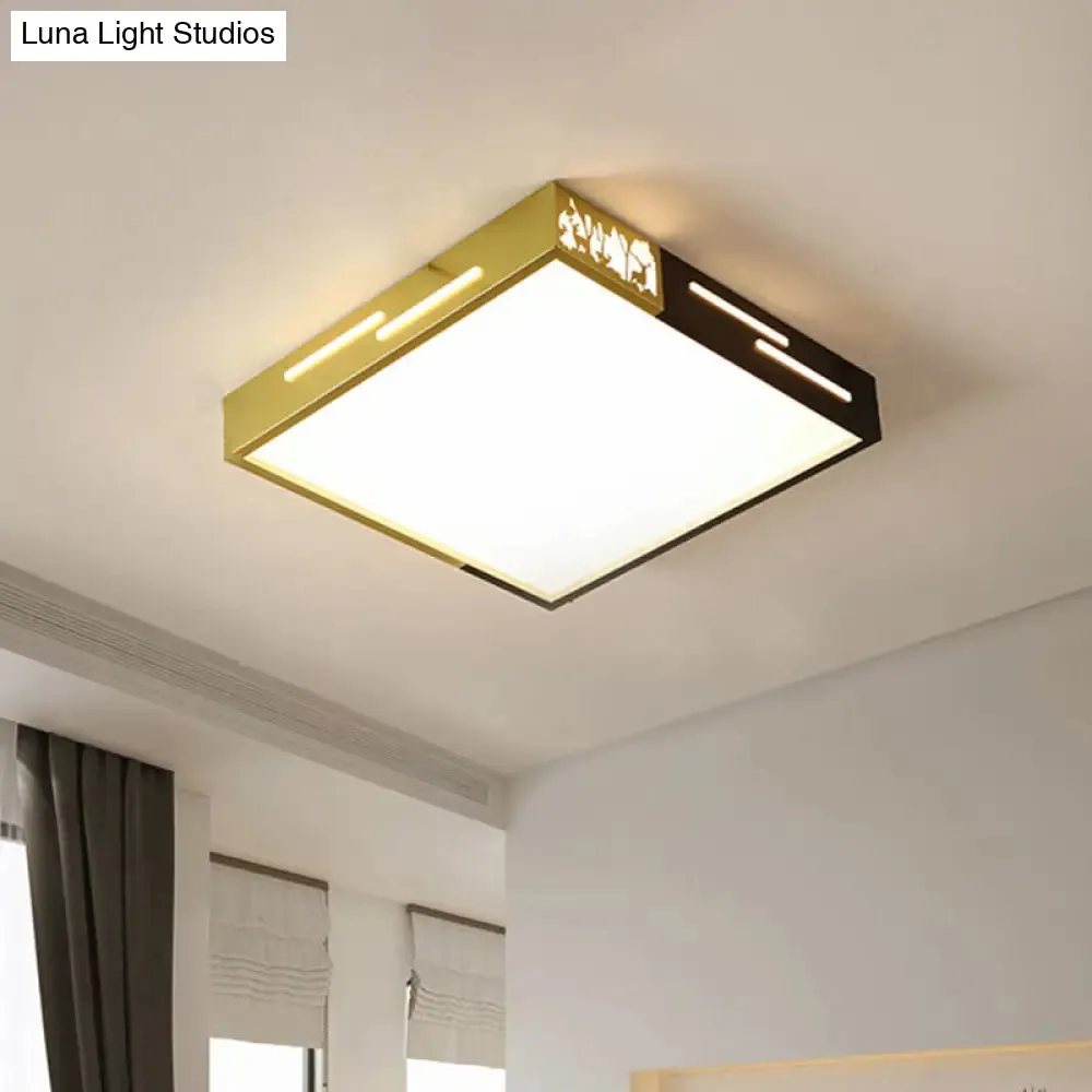 Modern Metal Square Flush LED Ceiling Lamp in Black/Gold for Bedroom, White/Warm Light