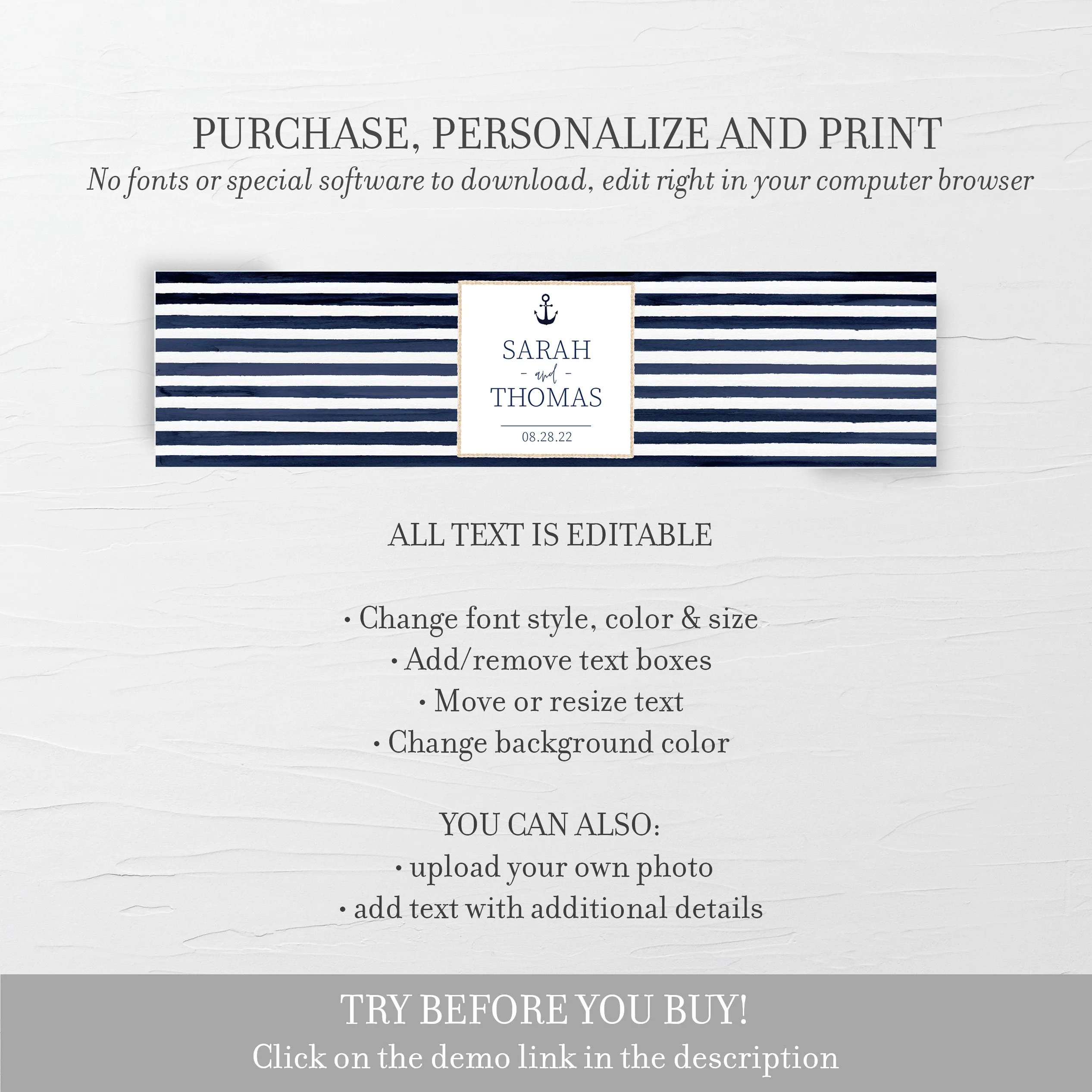 Nautical Wedding Water Bottle Labels Template, Printable Drink Wrapper, Editable INSTANT DOWNLOAD - MB400