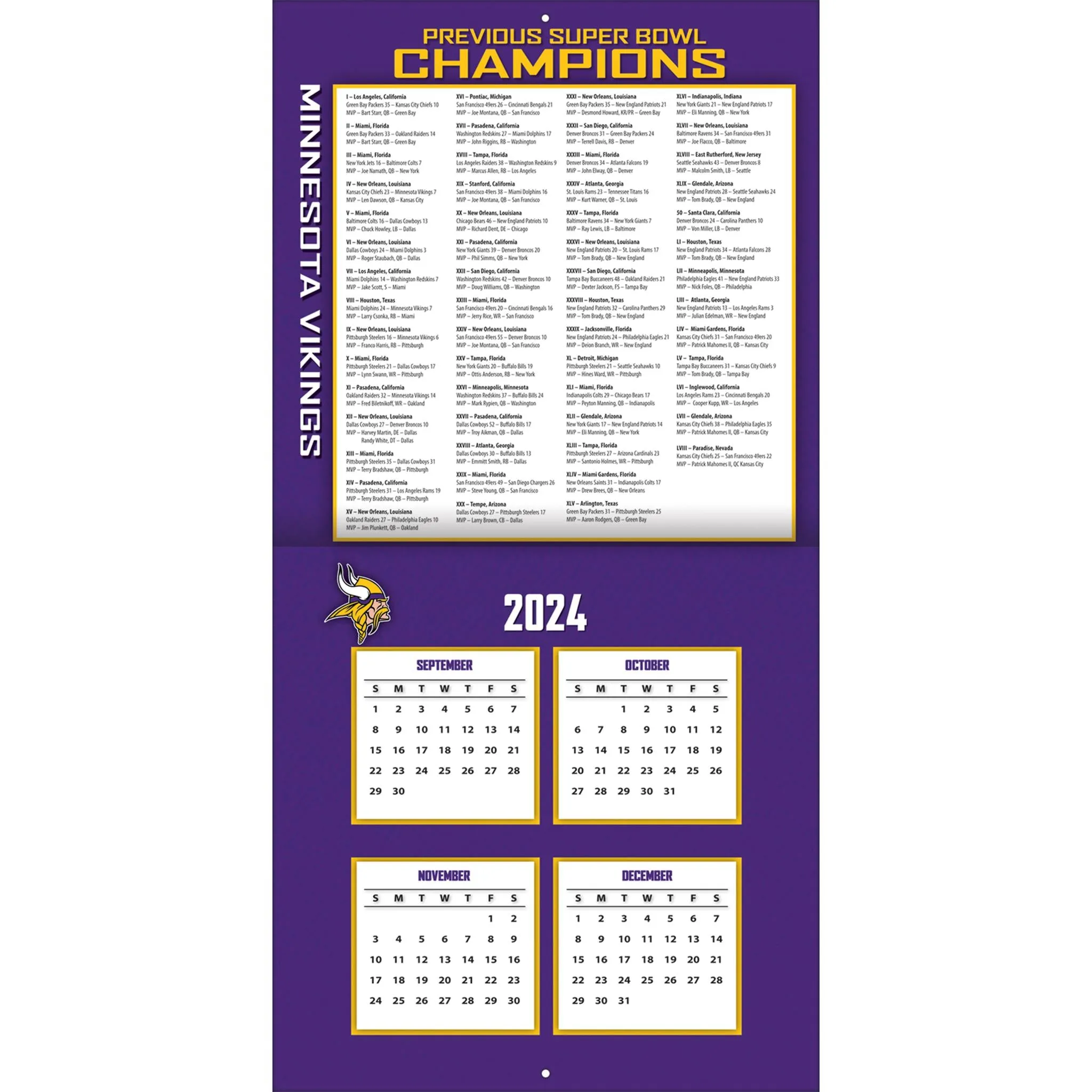 NFL Minnesota Vikings Wall 2025 Calendar