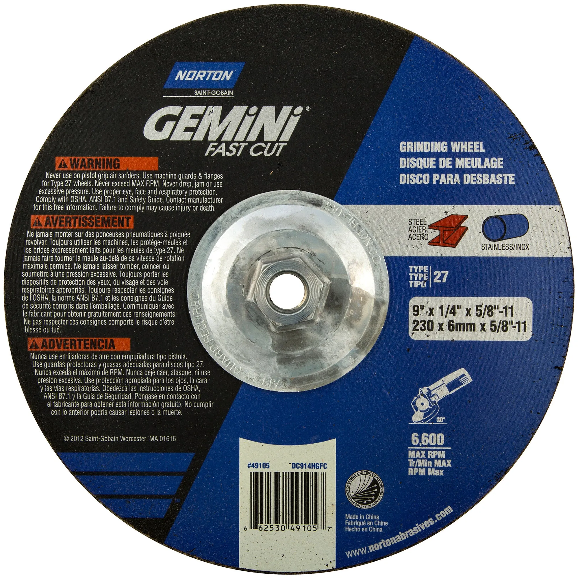 Norton 9 x 1/4 x 5/8 - 11 In. Gemini FC Grinding Wheel 24 N T27 10 Count