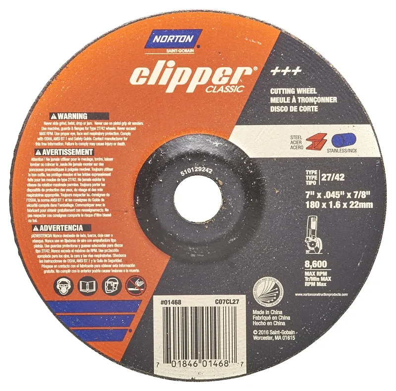 Norton Clipper Classic A AO Series 70184601468 Cut-Off Wheel, 7 in Dia, 1/16 in Thick, 7/8 in Arbor :EA: QUANTITY: 1