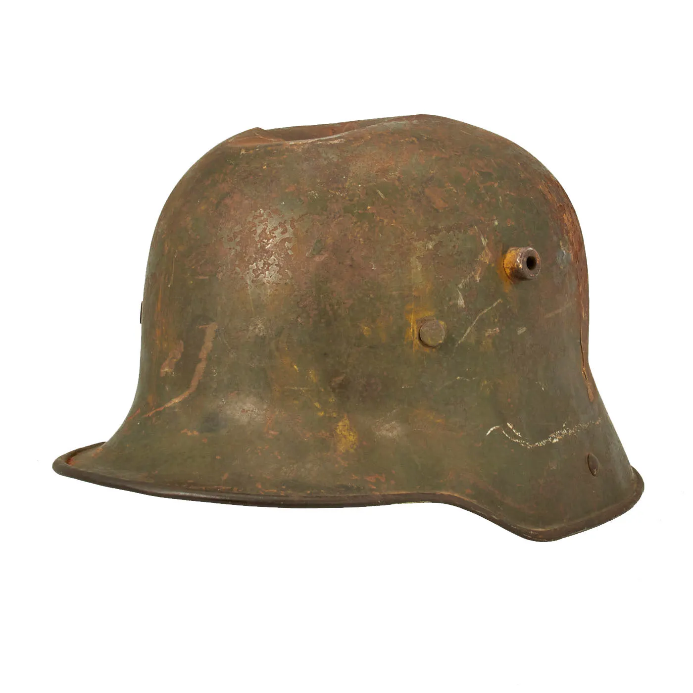 Original German WWI Battle Damaged M16 Stahlhelm Helmet with Camouflage Paint and Liner - marked Si66