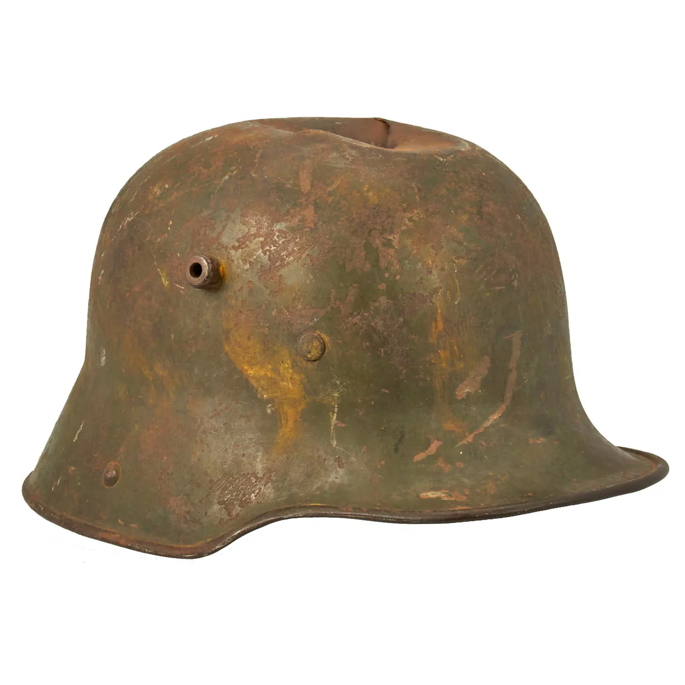 Original German WWI Battle Damaged M16 Stahlhelm Helmet with Camouflage Paint and Liner - marked Si66