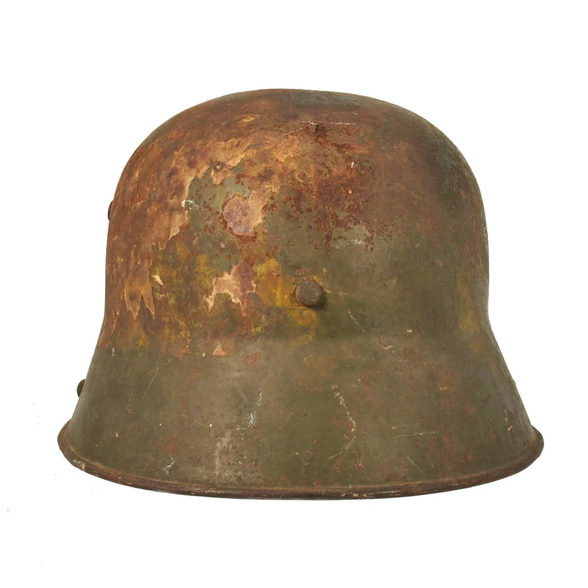 Original German WWI Battle Damaged M16 Stahlhelm Helmet with Camouflage Paint and Liner - marked Si66