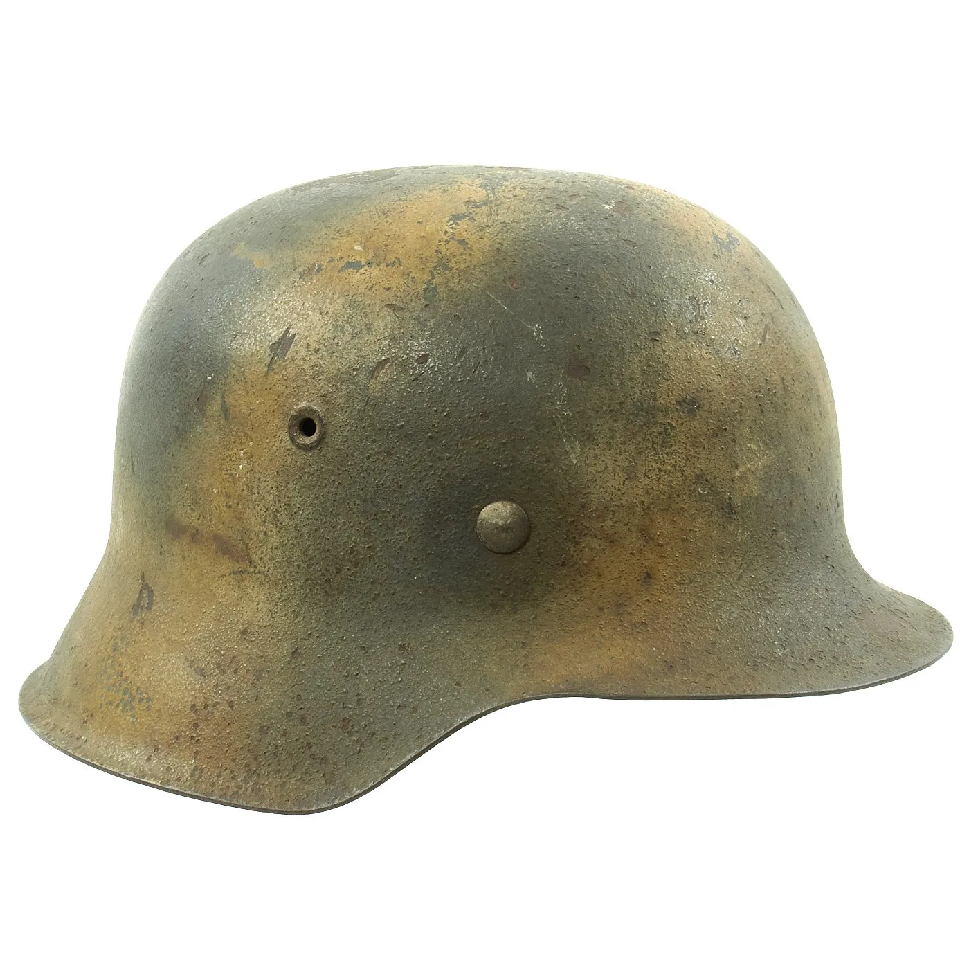 Original German WWII M42 Army Heer Helmet with Textured Tan Camouflage Paint and Battle Damage - EF64