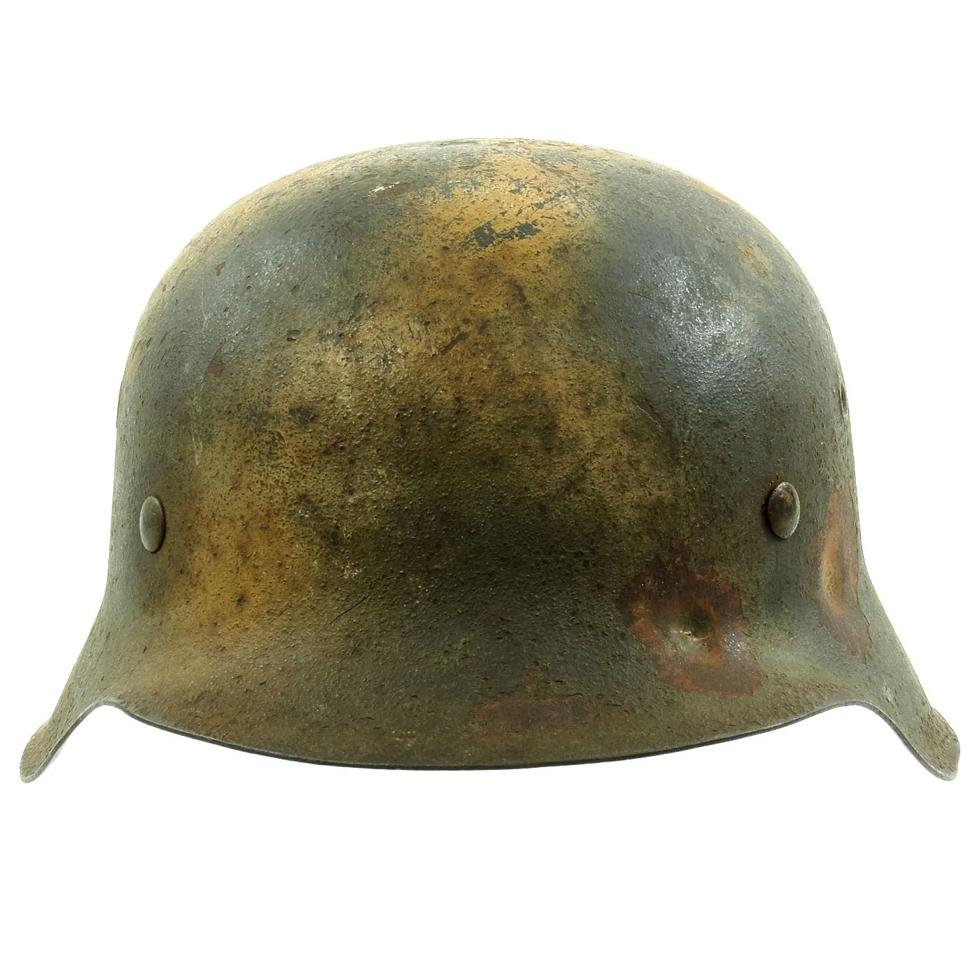 Original German WWII M42 Army Heer Helmet with Textured Tan Camouflage Paint and Battle Damage - EF64