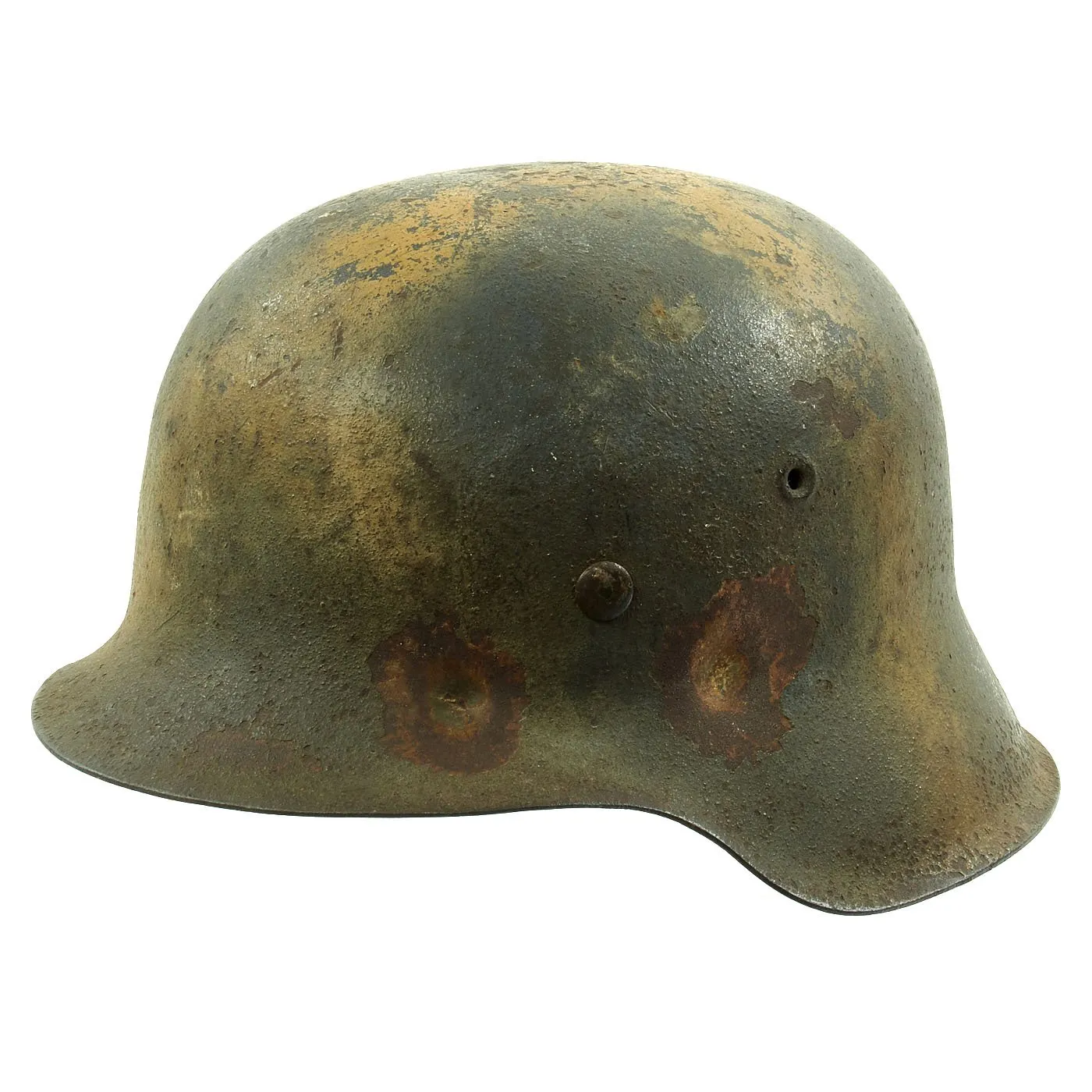 Original German WWII M42 Army Heer Helmet with Textured Tan Camouflage Paint and Battle Damage - EF64