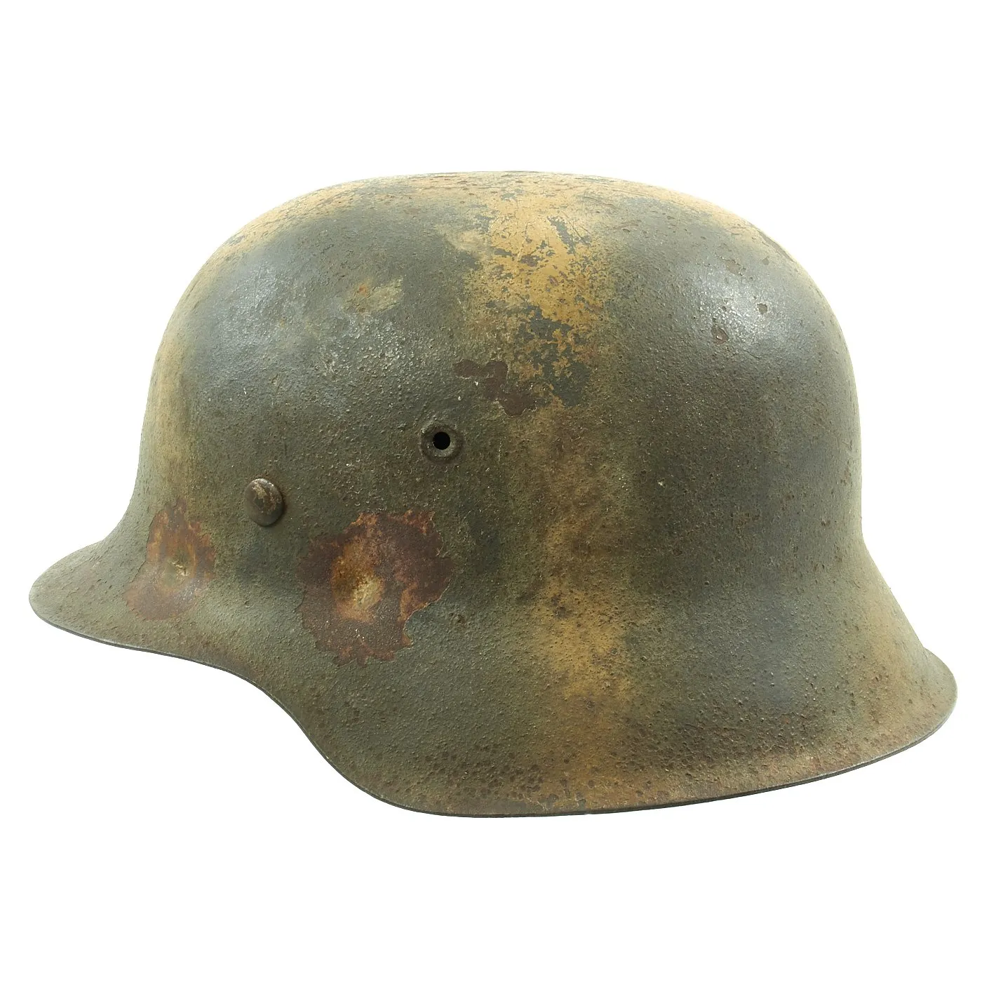 Original German WWII M42 Army Heer Helmet with Textured Tan Camouflage Paint and Battle Damage - EF64