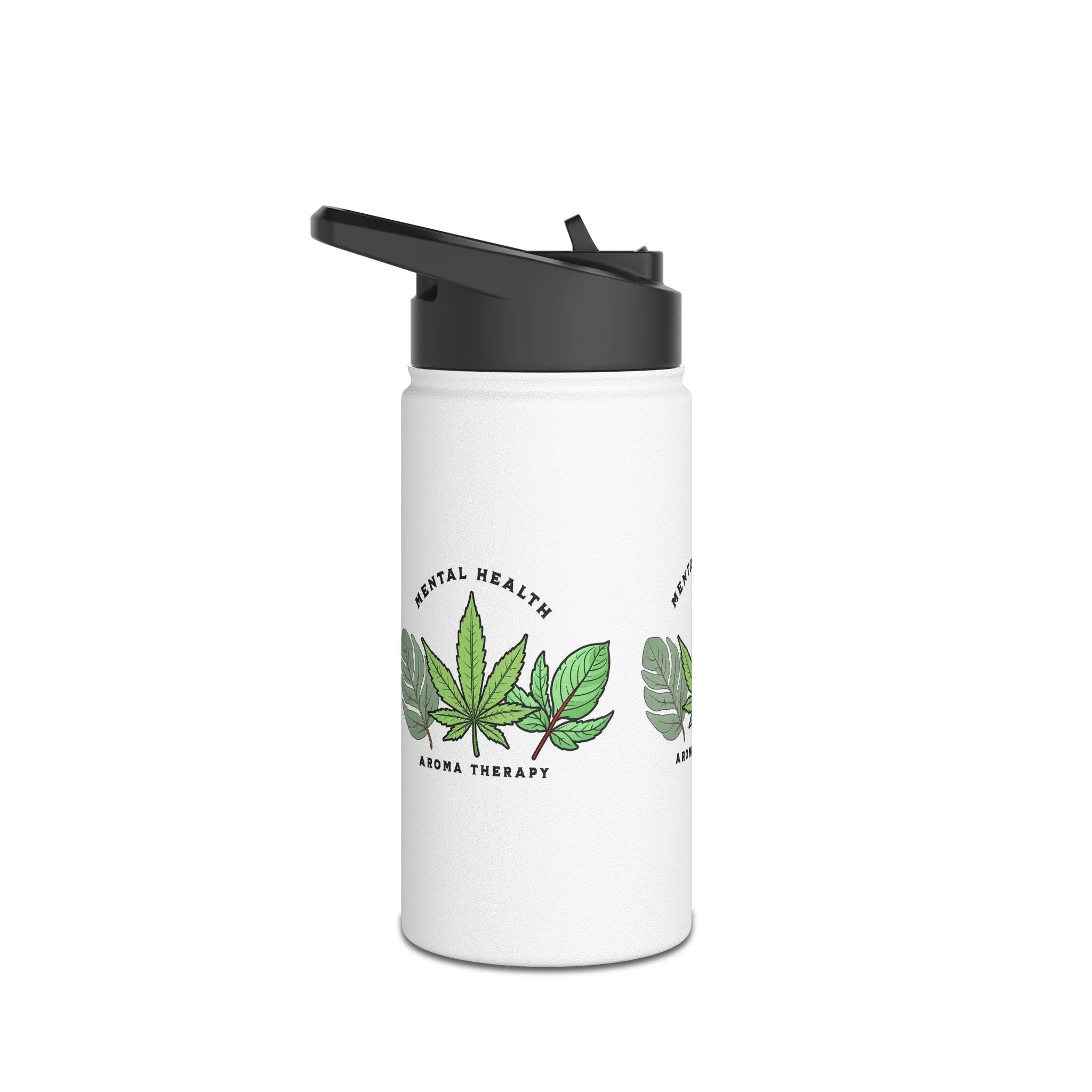 "Mental Health Aroma Therapy Stainless Steel Water Bottle – Lavender, Marijuana, and Eucalyptus Leaf Design"