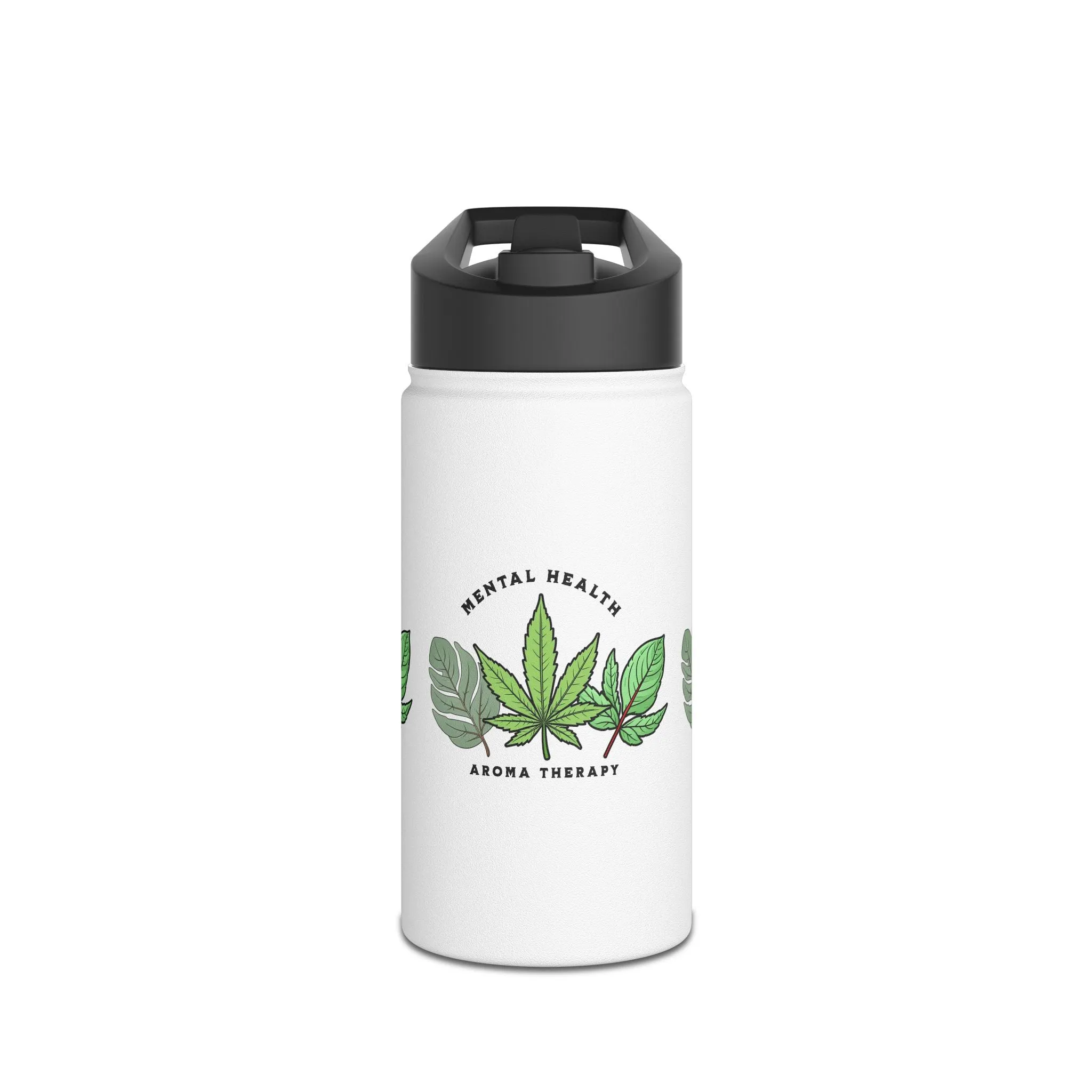 "Mental Health Aroma Therapy Stainless Steel Water Bottle – Lavender, Marijuana, and Eucalyptus Leaf Design"