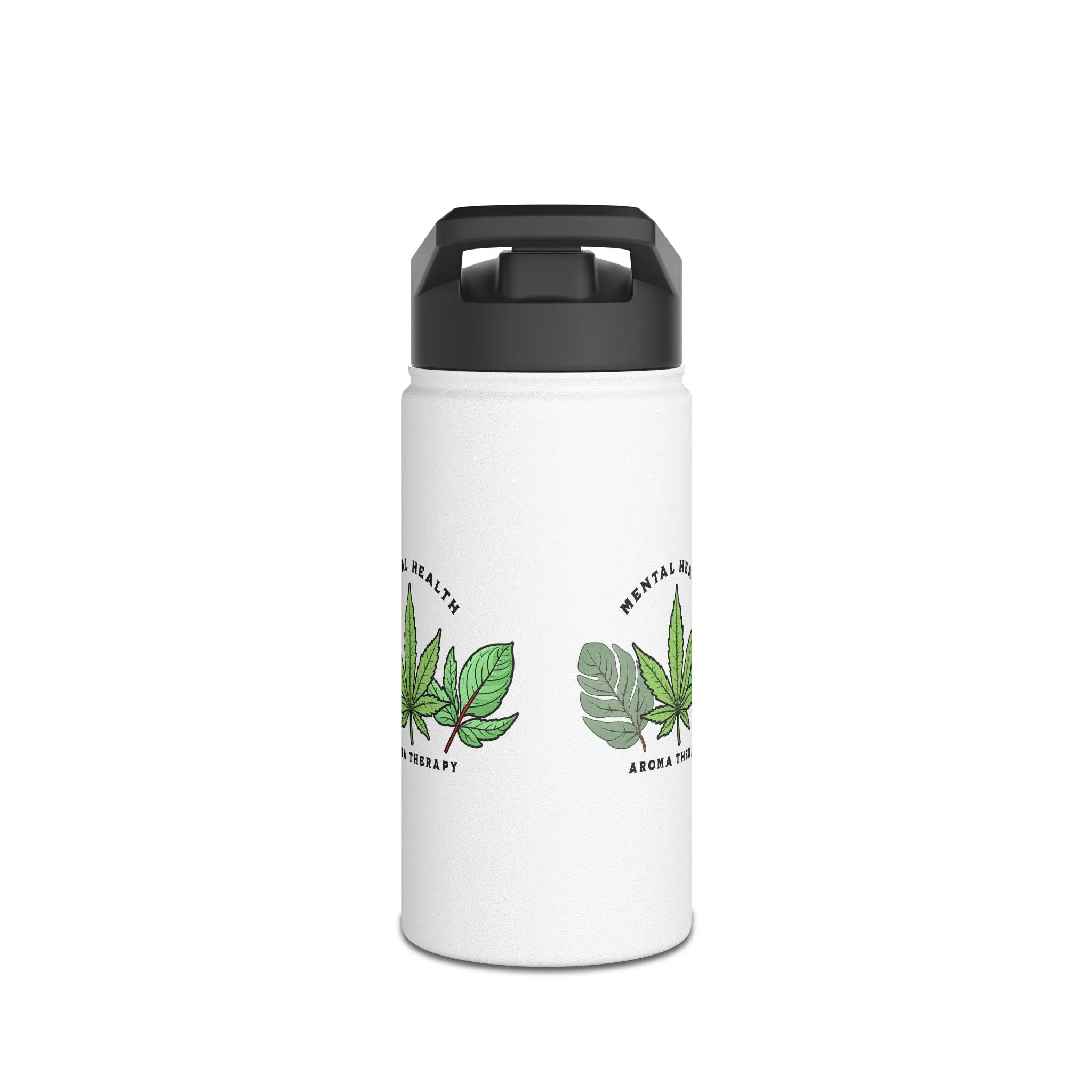 "Mental Health Aroma Therapy Stainless Steel Water Bottle – Lavender, Marijuana, and Eucalyptus Leaf Design"